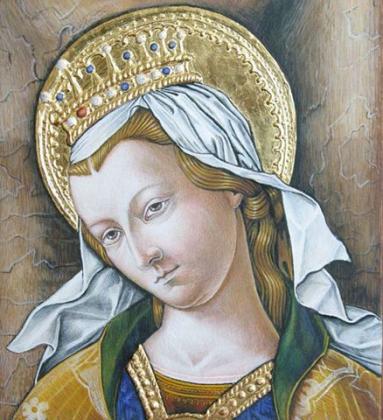                      Carlo Crivelli: Madonna (részlet) Anyaga: fa, tojástempera, arany Mérete: 20x20 cm
