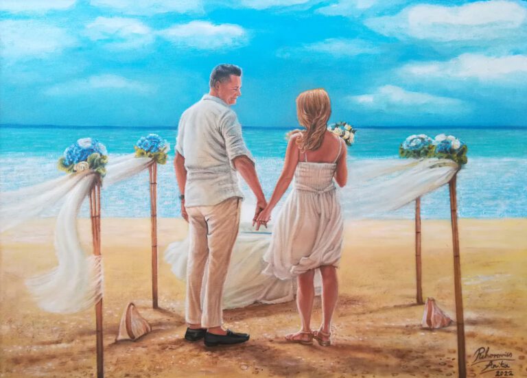 Egzotikus esküvő a tengerparton a völegénnyel es menyasszonnyal