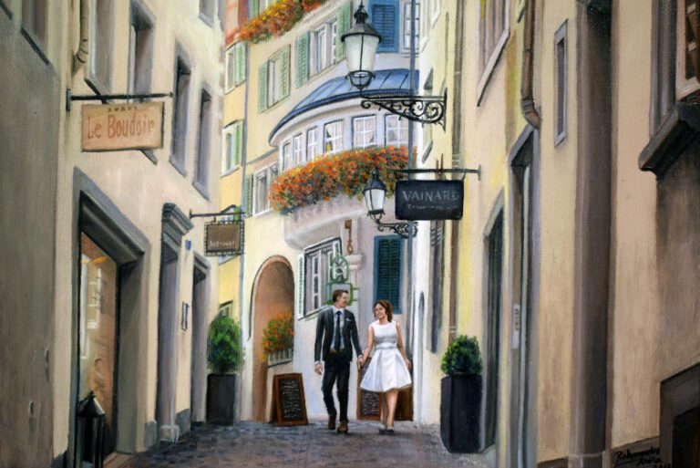 Nászút festmény, sétáló szerelmes pár